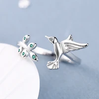 fashion lovely lark bird ring for women fresh branch leaf green zircon stone inlay simple literary stylish female rings jewelry