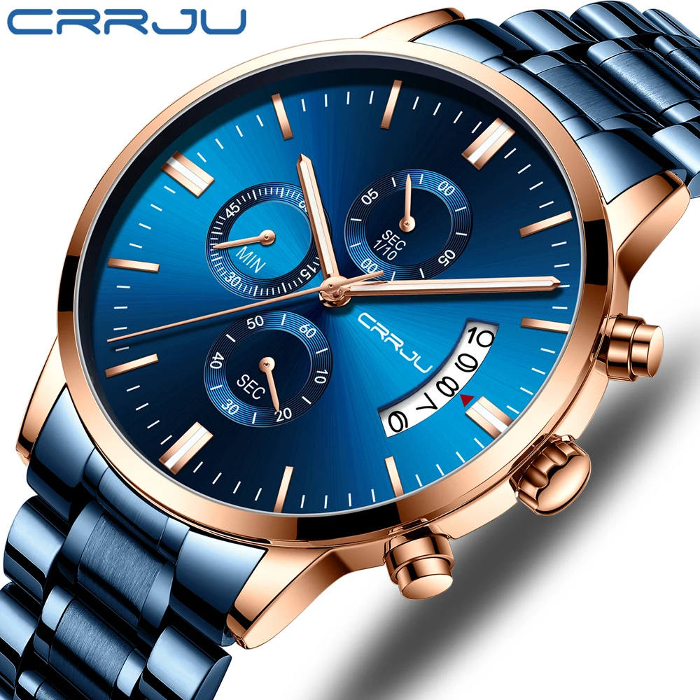 

Watches for Men CRRJU Business Casual Waterproof Chronograph Quartz Wristwatch Military Calendar Display Clock Relogio Masculino