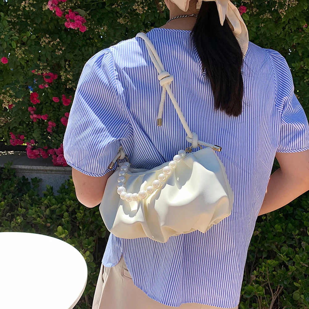 

2021 Fashion Vintage Women PU Leather Pleated Shoulder Bag Solid Color Pearl Messenger Bags Solid Color Pleated Tote Bag