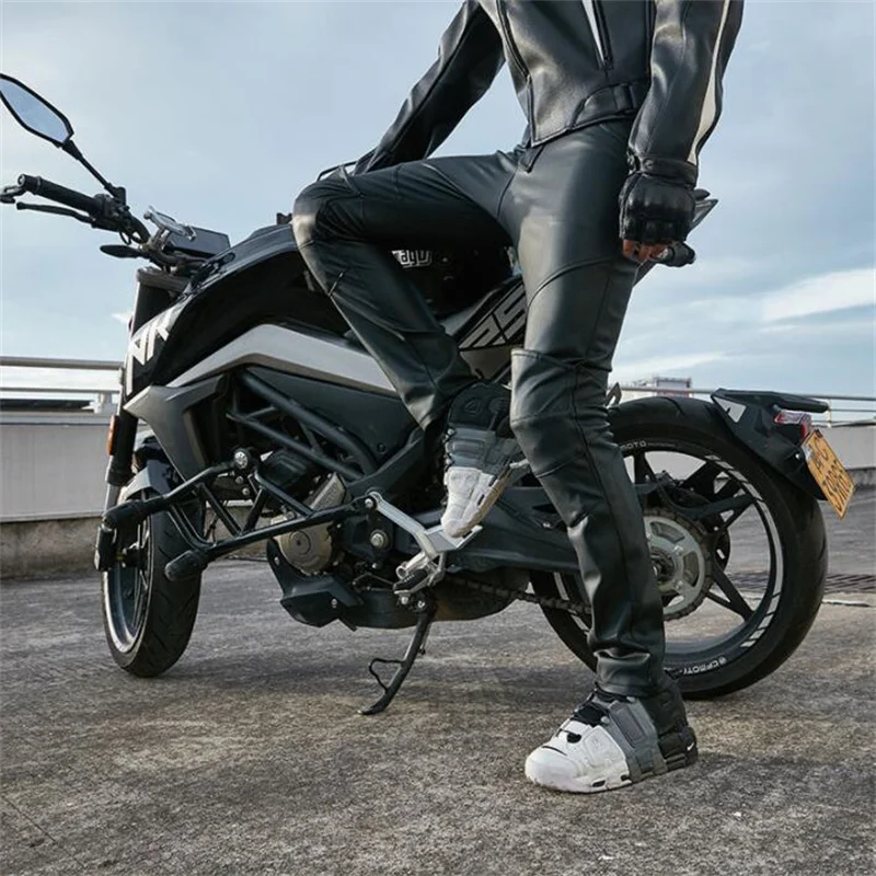 Casual leather pants mens motorcycle pu trousers racing car knee pads span anti-fall cycling stretch black брюки мужские fashion