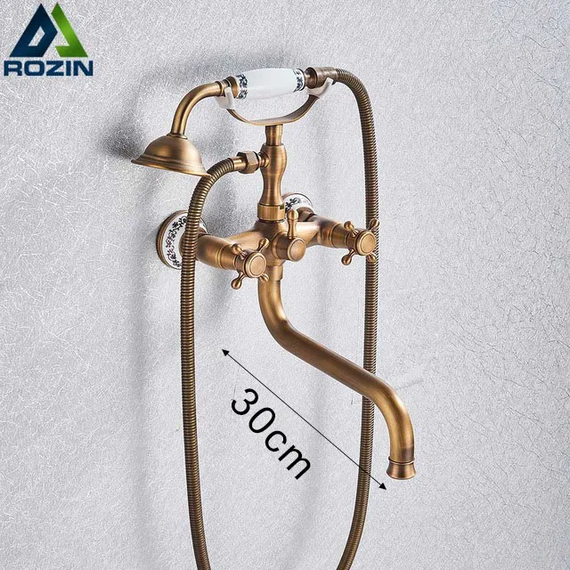30cm spout Настенный длинный нос кран для ванной античная латунь Ванна раковина кран телефон стиль ванная комната Ванна Душ набор с ручным - Цвет: 30cm spout