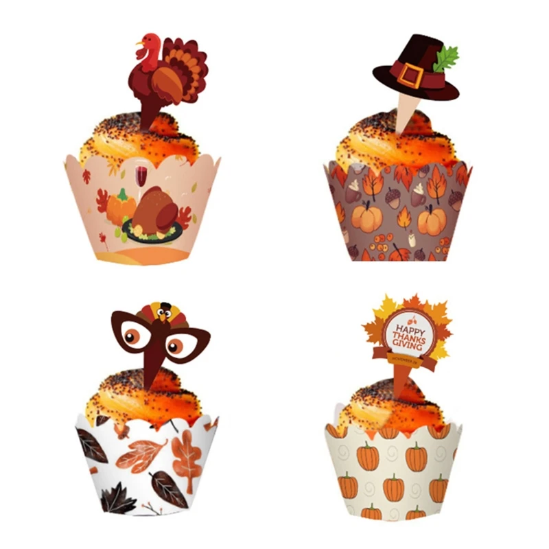 12/24pcs Thanksgiving Cupcake Toppers Cake Cups Wrappers Turkey Hat Sign Harvest Day Party Decorations | Дом и сад