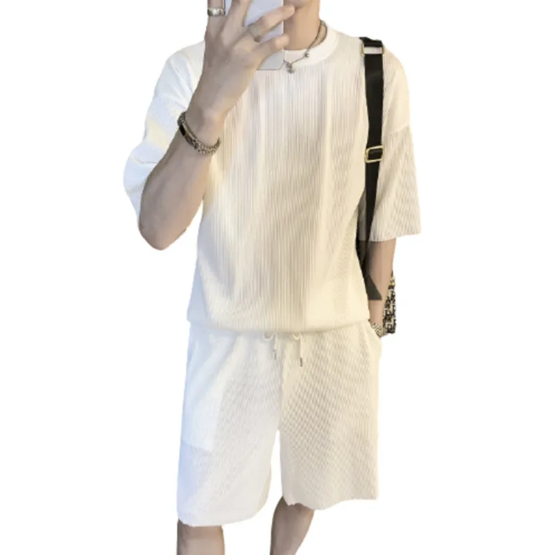 

Men's Sports Suit Summer Leisure Korean Fashion Ice Silk Short Sleeve T-shirt Drape Comfort Pants 2-piece Set Tracksuit Men Gym
