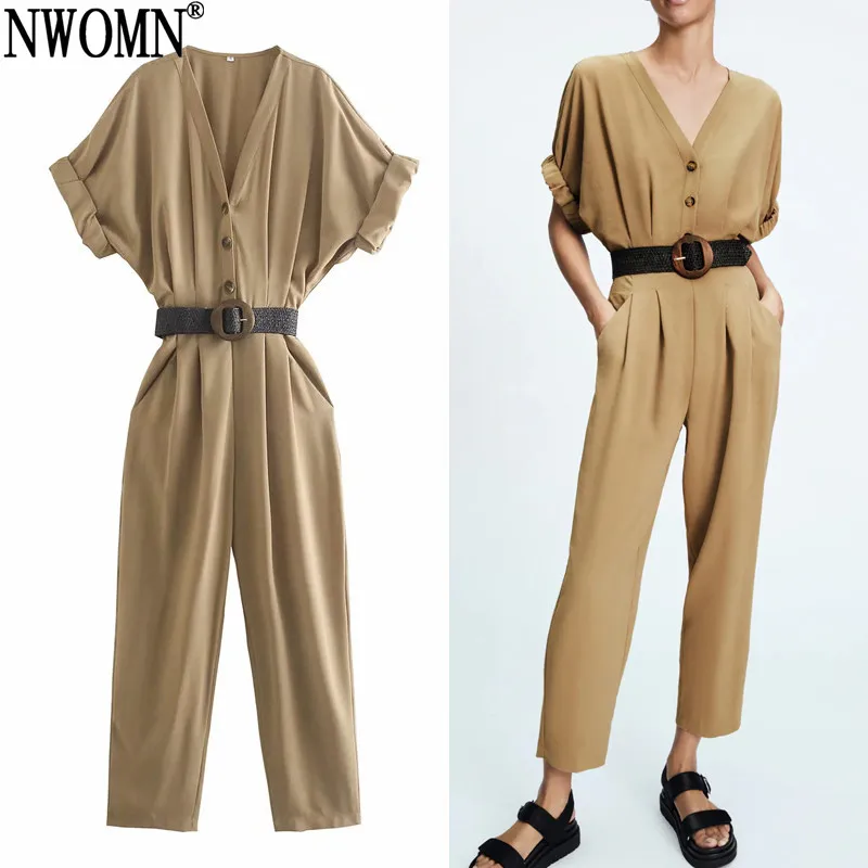 

NWOMN Za Women Brown Overalls Female Jumpsuit Summer 2021 Elegant Woman Jumpsuits Fashion Belt Short Sleeve Women's Playsuit