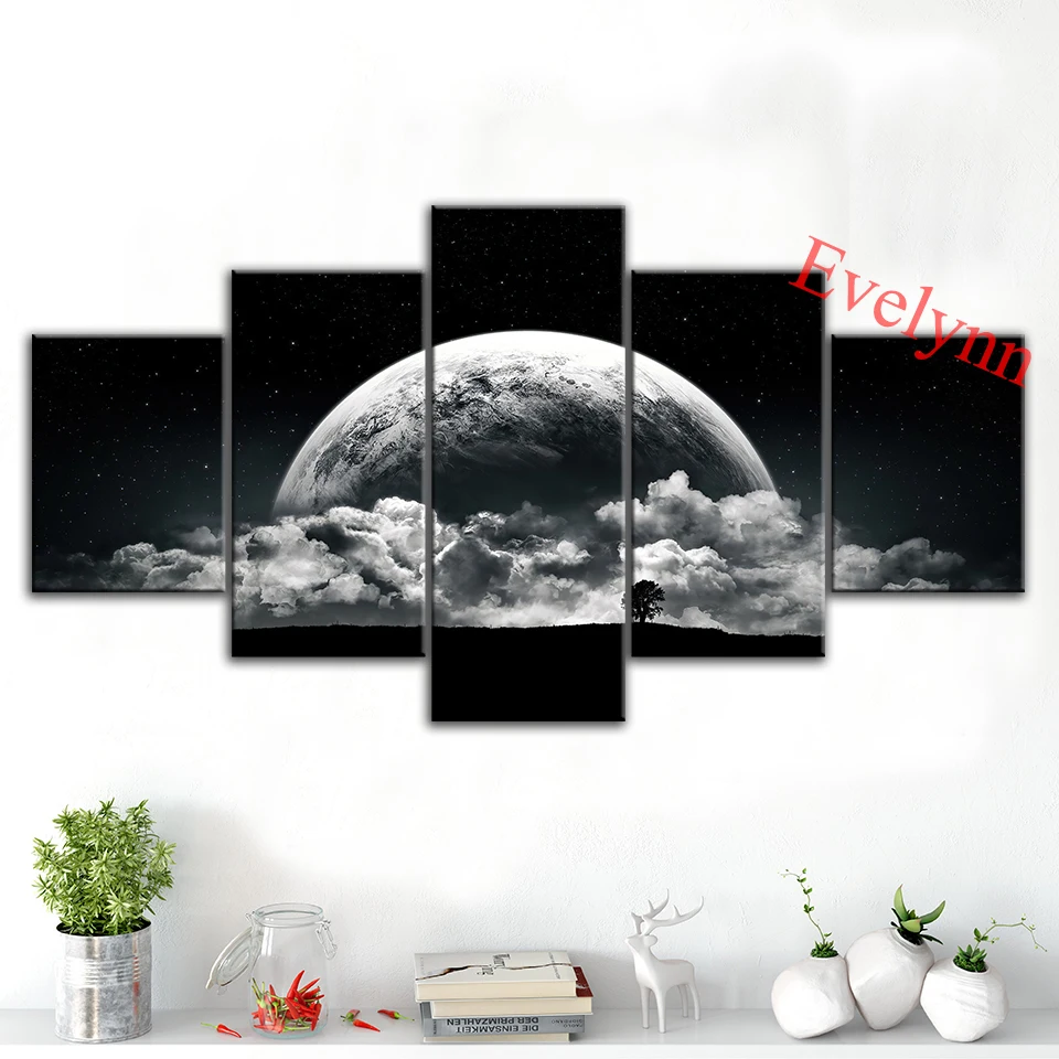 

5 Pieces Poster Big Full Moon Night Horizon Scenery Modern Canvas Modular Pictures Wall Art Prints Living Room Decor Paintings