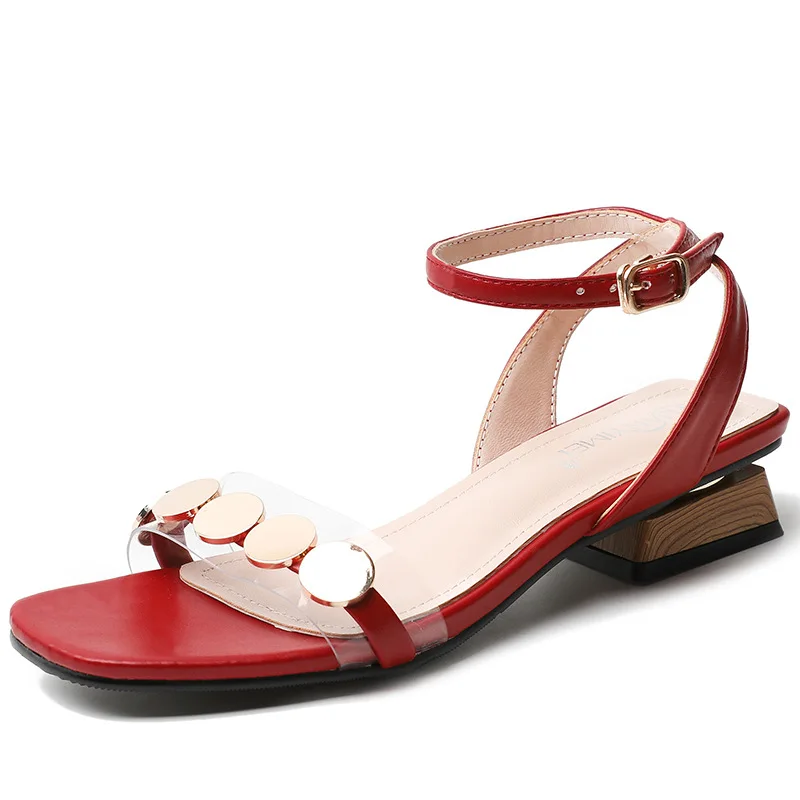 

button sandals women's summer new Mid Heel thick heel Roman women's shoes fairy style high heels