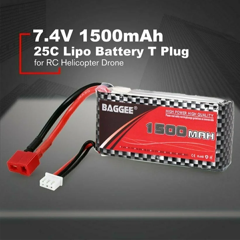 

1pc 7.4V 1500mAh 25C 2S 1P Lipo Battery T Plug for RC Helicopter Drone Batteries Rechargeable