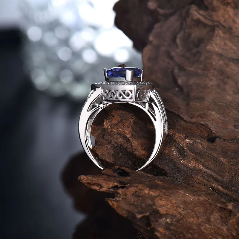 Танзанит кольца для женщин Настоящее Au750 18 к белое золото натуральный треугольник Танзанит камень Подлинные Бриллианты обручальное кольцо ювелирные изделия