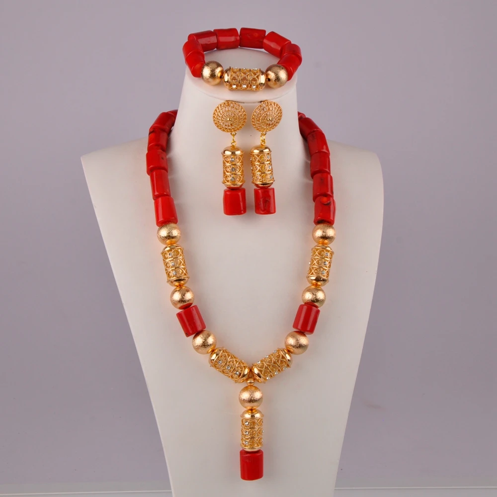 

Wedding Dress Accessories Nigeria New Bride Wedding Natural Red Coral Necklace African Wedding Banquet Jewelry Set AU-61