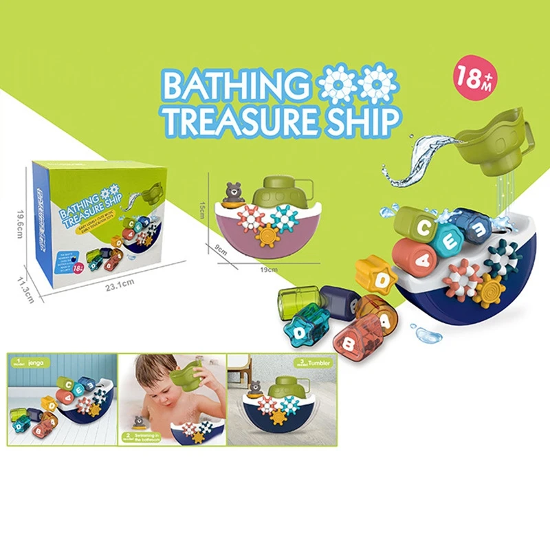 

Baby Bath Sprinkle Toy Wall Mountable Ship Pool Bathtub Bath Playing Water Toy with Alphabet Block Blocks for Kids