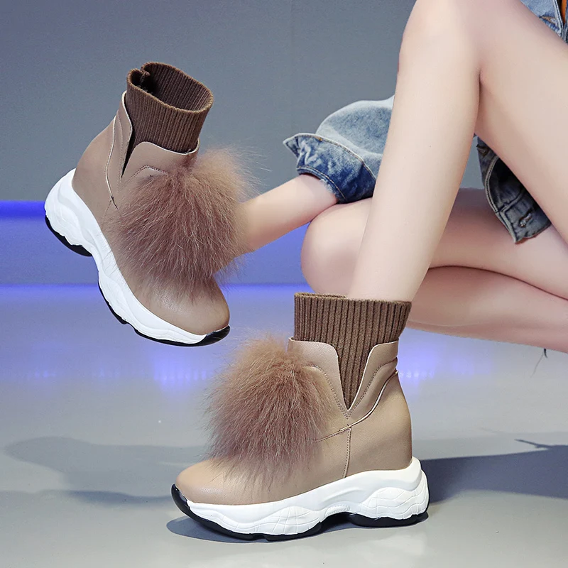 Women Winter Boots 2019 Warm Fur Snow 8CM Heels Sneakers Plush Comfortable Thick Bottom Short Sock Woman Botas Mujer |