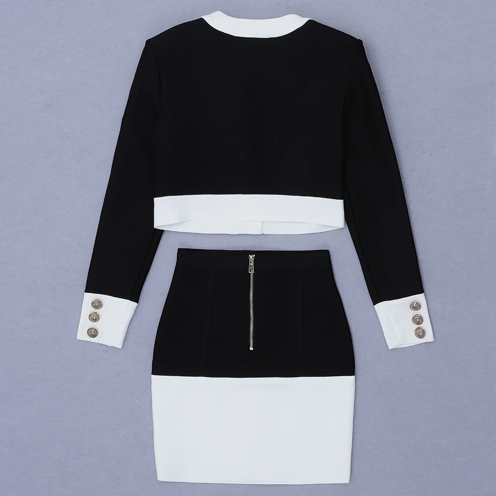 

High Street Autumn Patchwork Black White O Neck Long Sleeves With Pockets Buttons Two Pieces Dress Women Sets