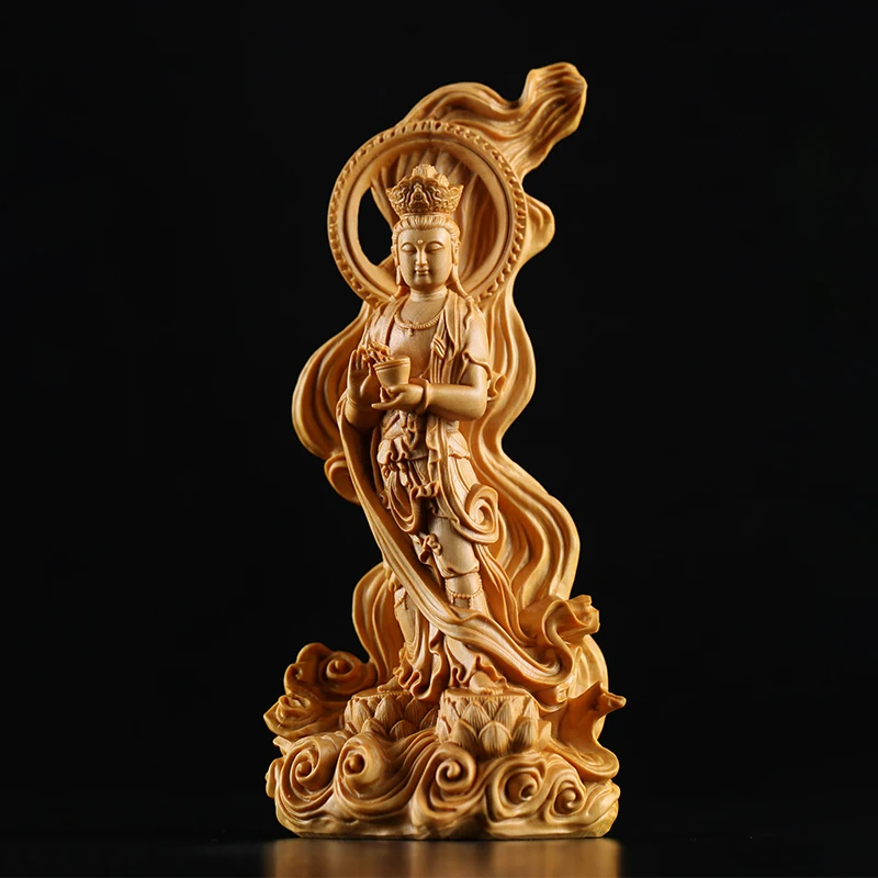 

Boxwood 15cm Guanyin Sculpture Wood Buddha Statue Cross Sea Guan Yin Bodhisattva Home Decor