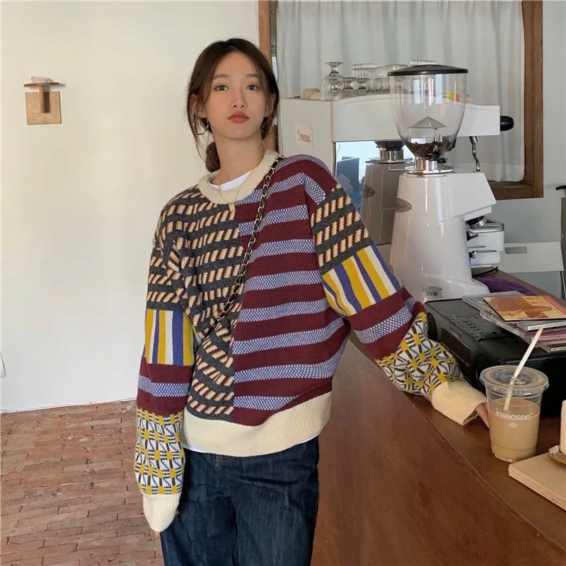 

Повседневный Свободный пуловер, вязаный свитер, весна-осень, Женский винтажный трикотажный свитер с геометрическим принтом и длинными рука...