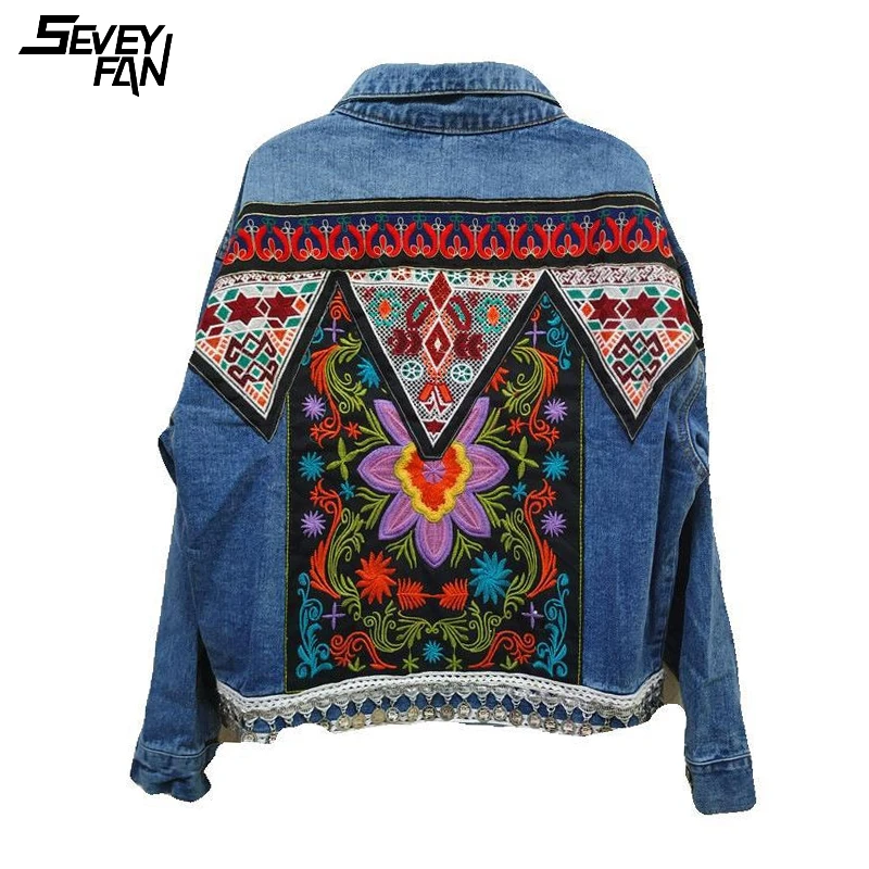

Vintage Embroidery Denim Jackets for Women Light Blue Floral Phoenix Fashion Woman Jeans Jacket Coat Punk Metal Clothes Cotton