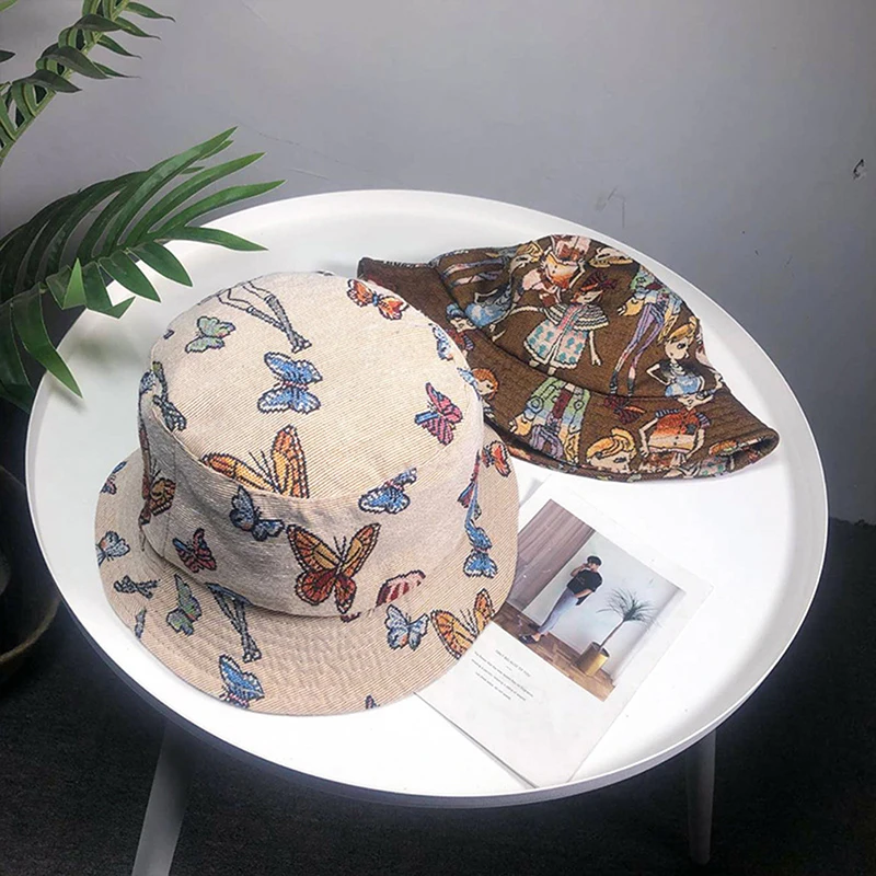 

Summer Fisherman Hat Reversible Cartoon Bucket Hats For Women Men Street Hip Hop Bucket Cap Vintage Printed Fishing Hat