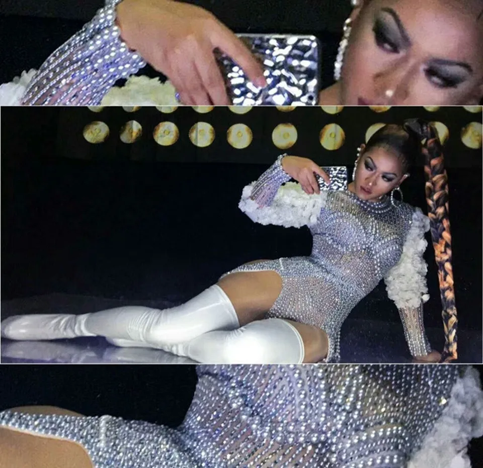 Роскошное боди Стразы с жемчужинами цветочным рукавом женский сексуальный певец