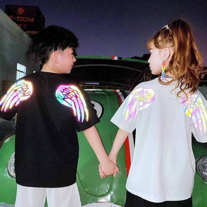 Одежда для девочек футболка со светоотражающими красочными крыльями свободные