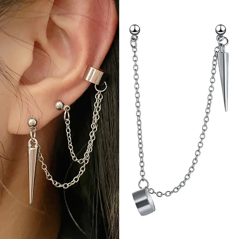 

HMES New Earrings Women Fashion Punk Chain Earrings Long Tassel Pointed Cone Pendant Without Pierced Ear Clip Gift