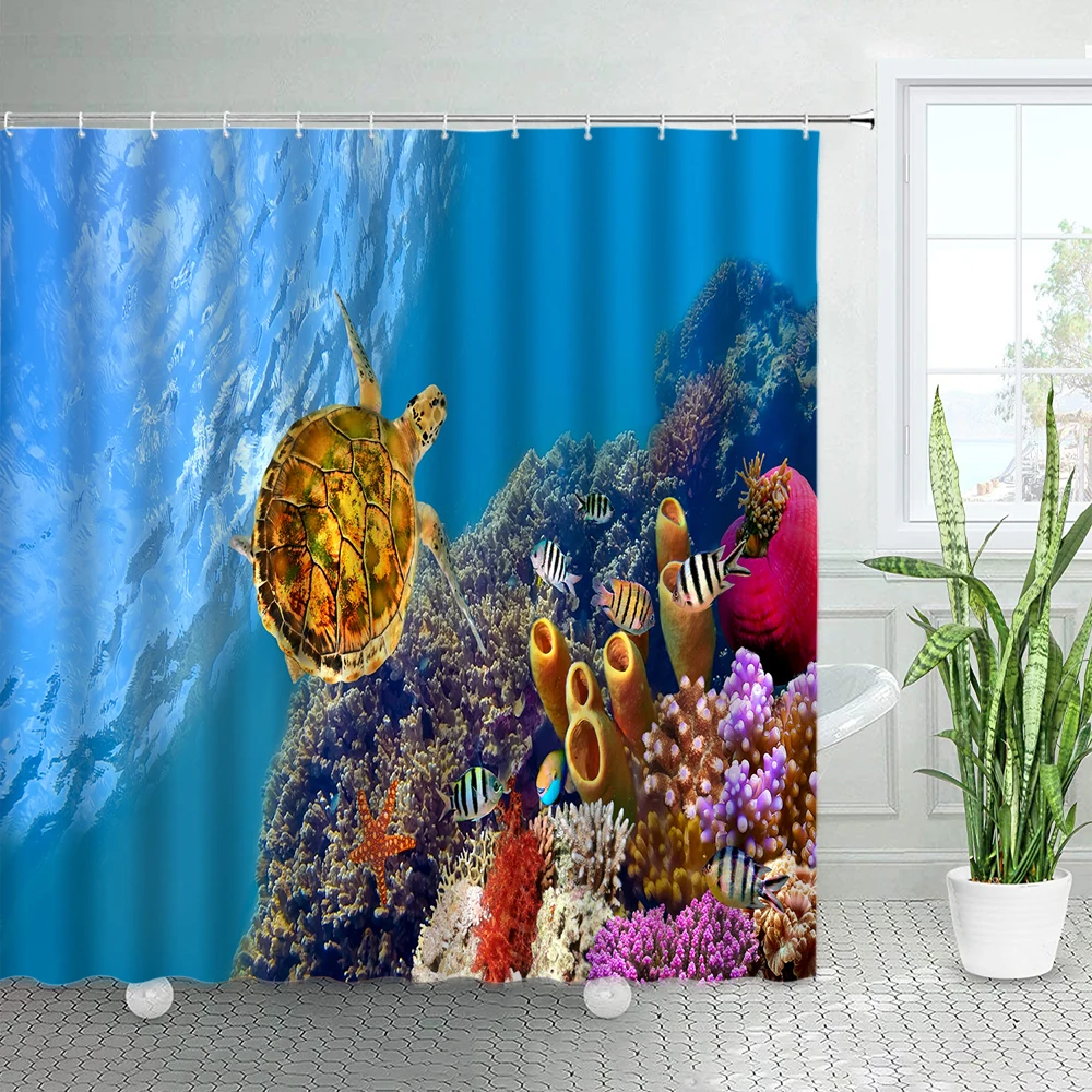 

Tropical Fish Sea Turtle Shower Curtains Seabed World Wildlife Coral Ocean Landscape Bathroom Decor With Hooks Bath Curtain Sets