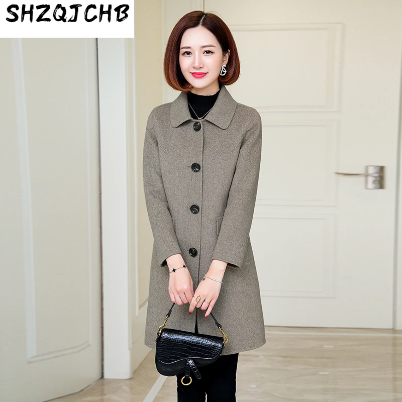 

Женское двухстороннее твидовое пальто SHZQ, шерстяное пальто средней длины из 100% шерсти, новое кашемировое пальто для осени и зимы