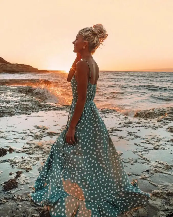 Женское платье-макси на бретельках Пляжное длинное Повседневное платье Бохо С