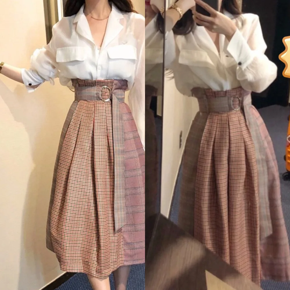 

2020 Spring Summer New New Long White Chiffon Women's Shirt High Waist Check All-match Skirt 2 Piece Set QX173