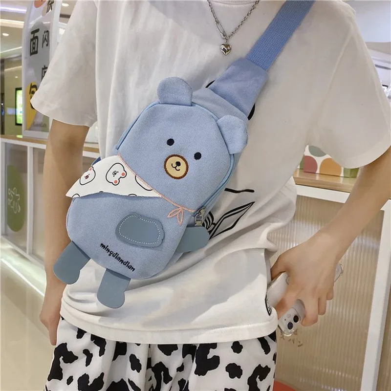 

Японская женская маленькая сумка через плечо с милой вышивкой и медведем, Студенческая холщовая сумка-мессенджер для девушек