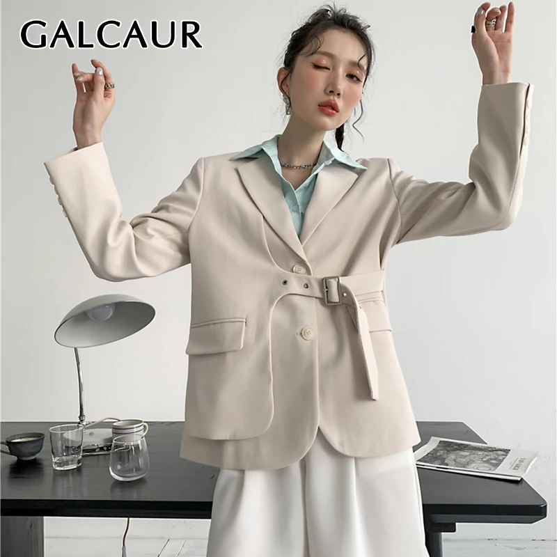 

Повседневный Блейзер GALCAUR для женщин, асимметричный дизайнерский однобортный пиджак с отложным воротником и длинным рукавом, женская одежд...