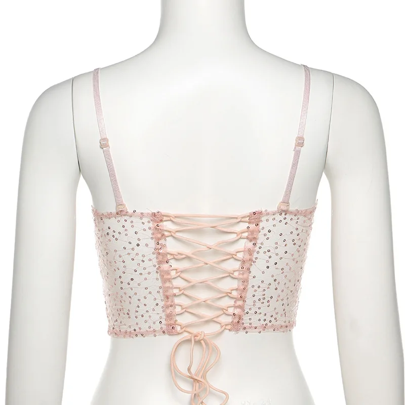 

Cute Sexy Bow Sequin Mesh Sheer Crop Top Summer Clothes for Women Sweet Busiters Corsets Tanks Camis