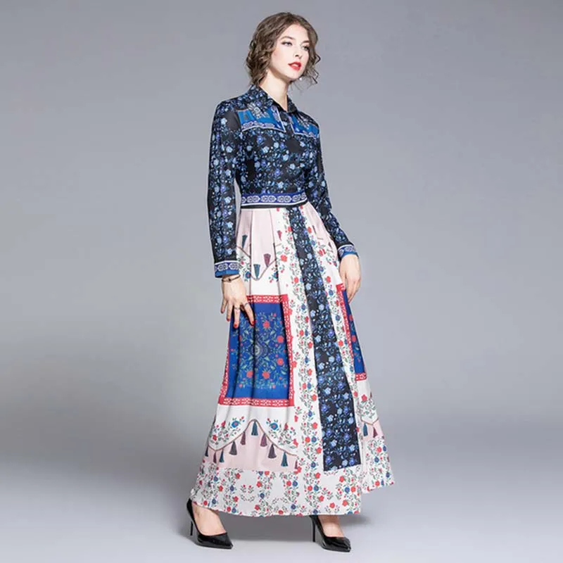 

Newest Summer Runway Designer Beach Shirt Dress Multicolor Print Fashion Woman Robe Long Sleeve Elegant Party Casual Maxi Dress