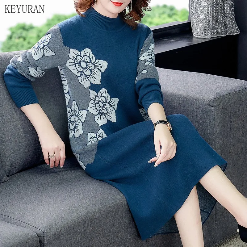 

Floral Women Winter Turtleneck Sweater Dress Female Elegant High Quality Warm Knitting Dress Knee-Length Vintage Dress Female