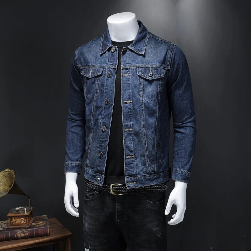 

Мужская джинсовая куртка, синяя Облегающая джинсовая куртка в Корейском стиле, осень 2019