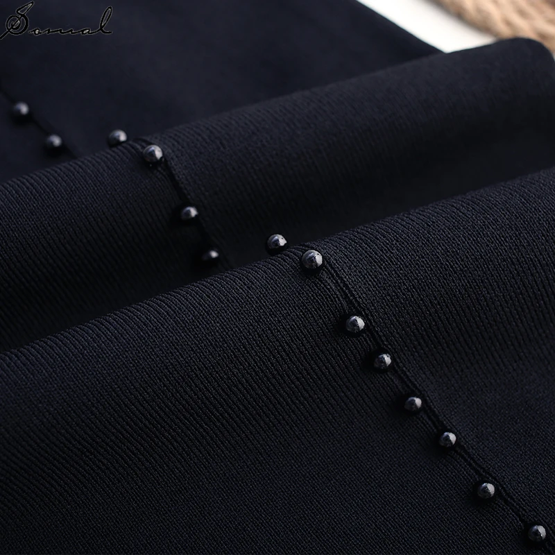 

SOMAL Women High Waist Knitted Long Straight Skirt with Lace and Beading Spring Autumn Ladies Black Slit Midi Skirt for Party