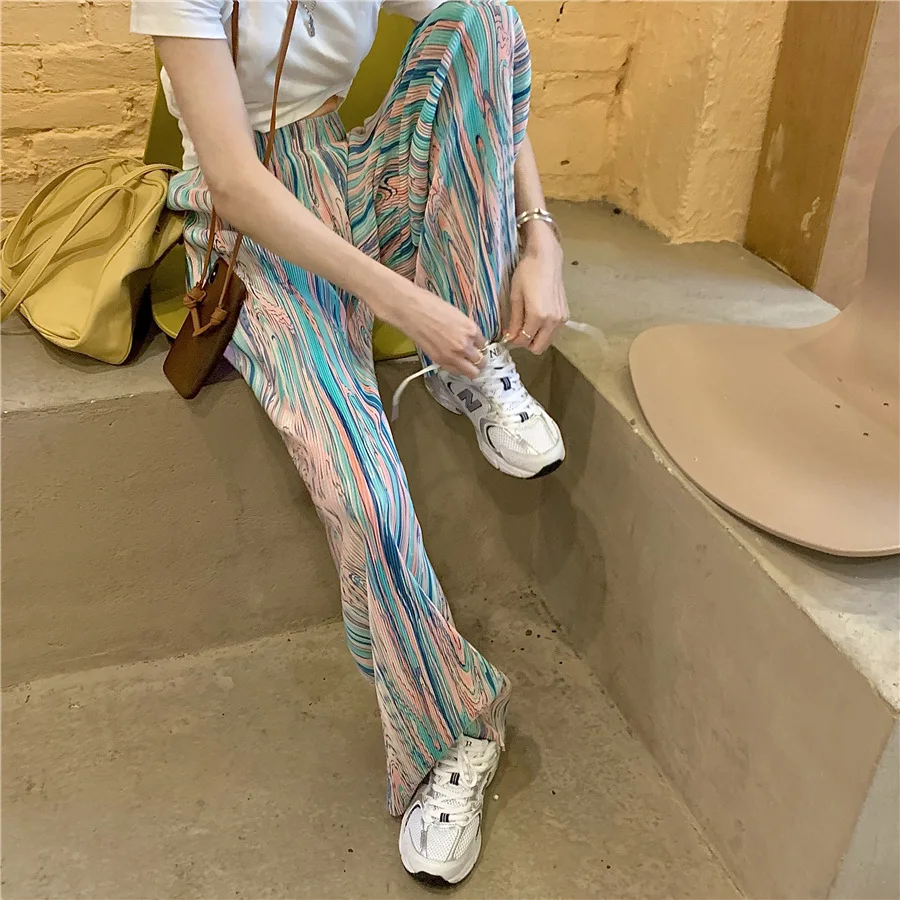 

trousers for famale 2021 Summer New Tie-Dye High-Person Falling Straight Loose Mopping Pants Elastic Waist Casual Wide Leg Pants