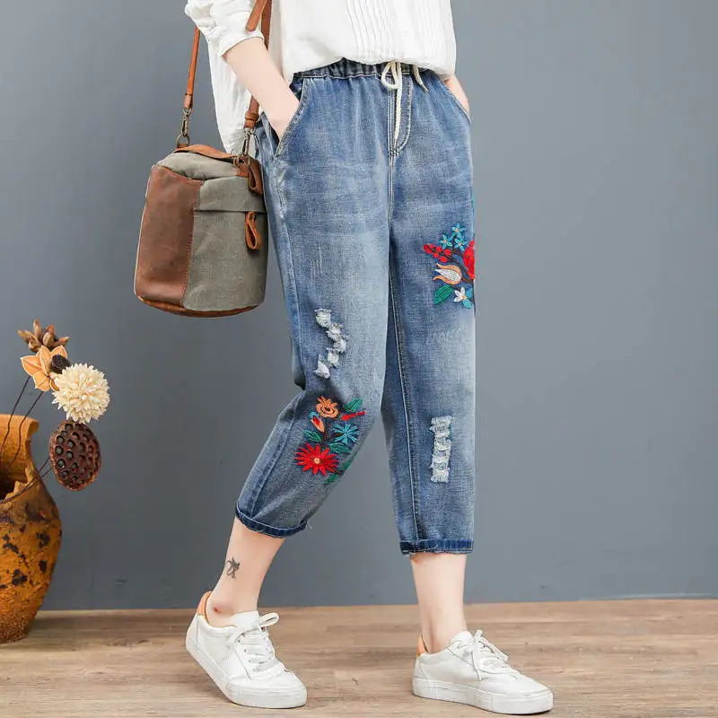 Джинсы женские в этническом стиле с вышивкой Капри рваные джинсы потертостями