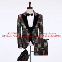 jeltonewin 3 pieces men suit floral tuxedo dress suit jacket pants vest high quality prom clothing print men suits for wedding
