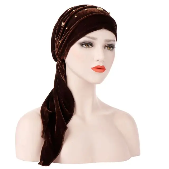 Для женщин мода мусульманский бархат Плиссированное Кепка chemo длинный хвост