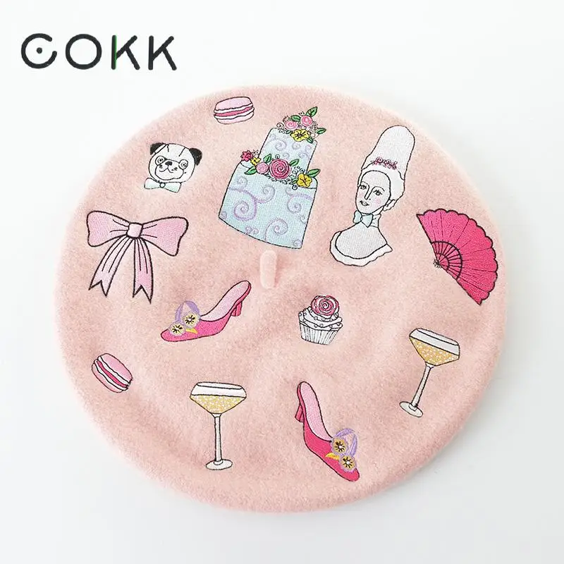 COKK, шерсть, берет, ручная работа, вышивка, женская шапка, Осень-зима, теплые шапки для женщин, женская шапка, винтажный капор, розовый берет