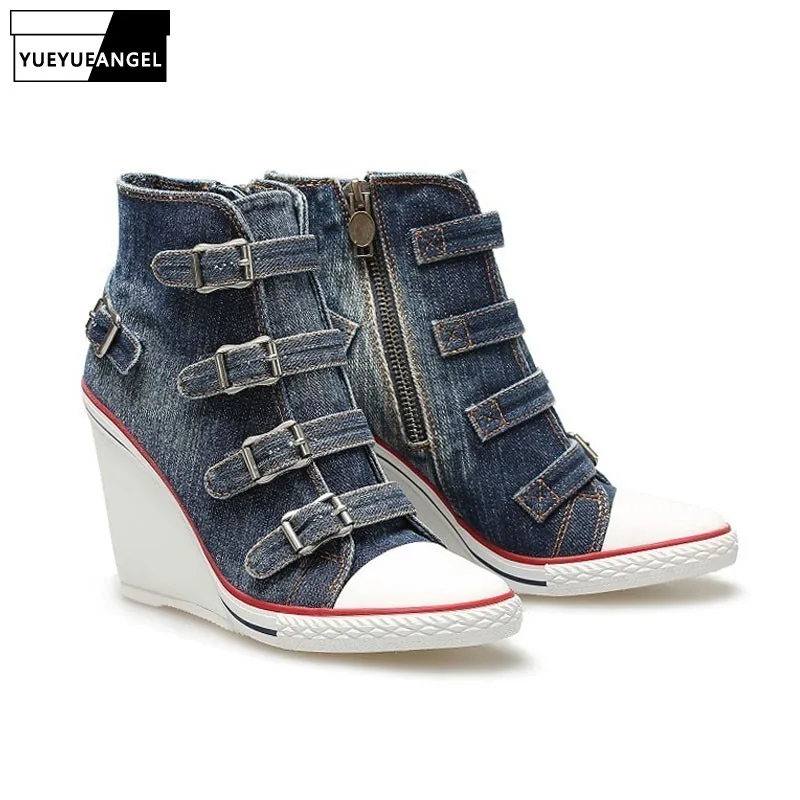 Женские высокие джинсовые туфли в европейском стиле холщовые кроссовки на