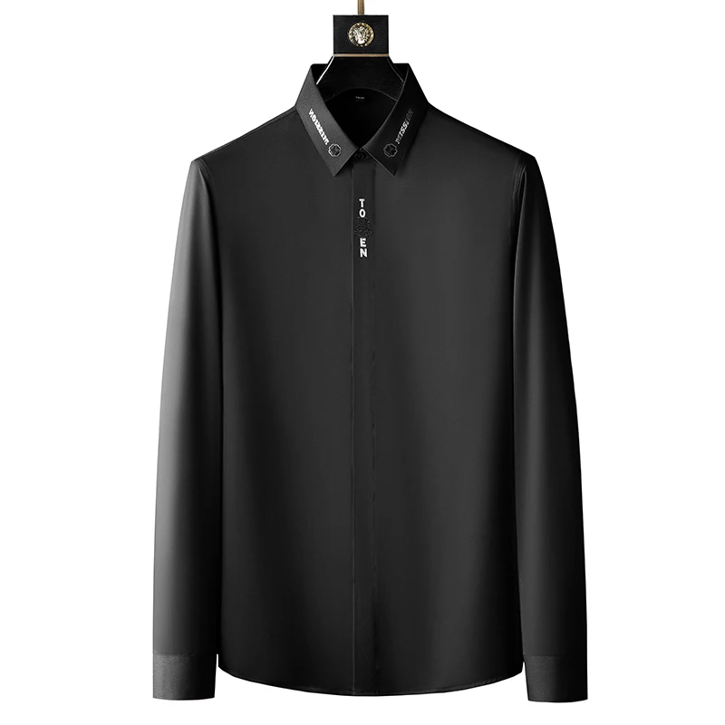 

Brand Flower Embroidery Men's Shirt Letter Rhinestone Long Sleeve Casual Shirt Slim Business Social Formal Dress Men Clothing