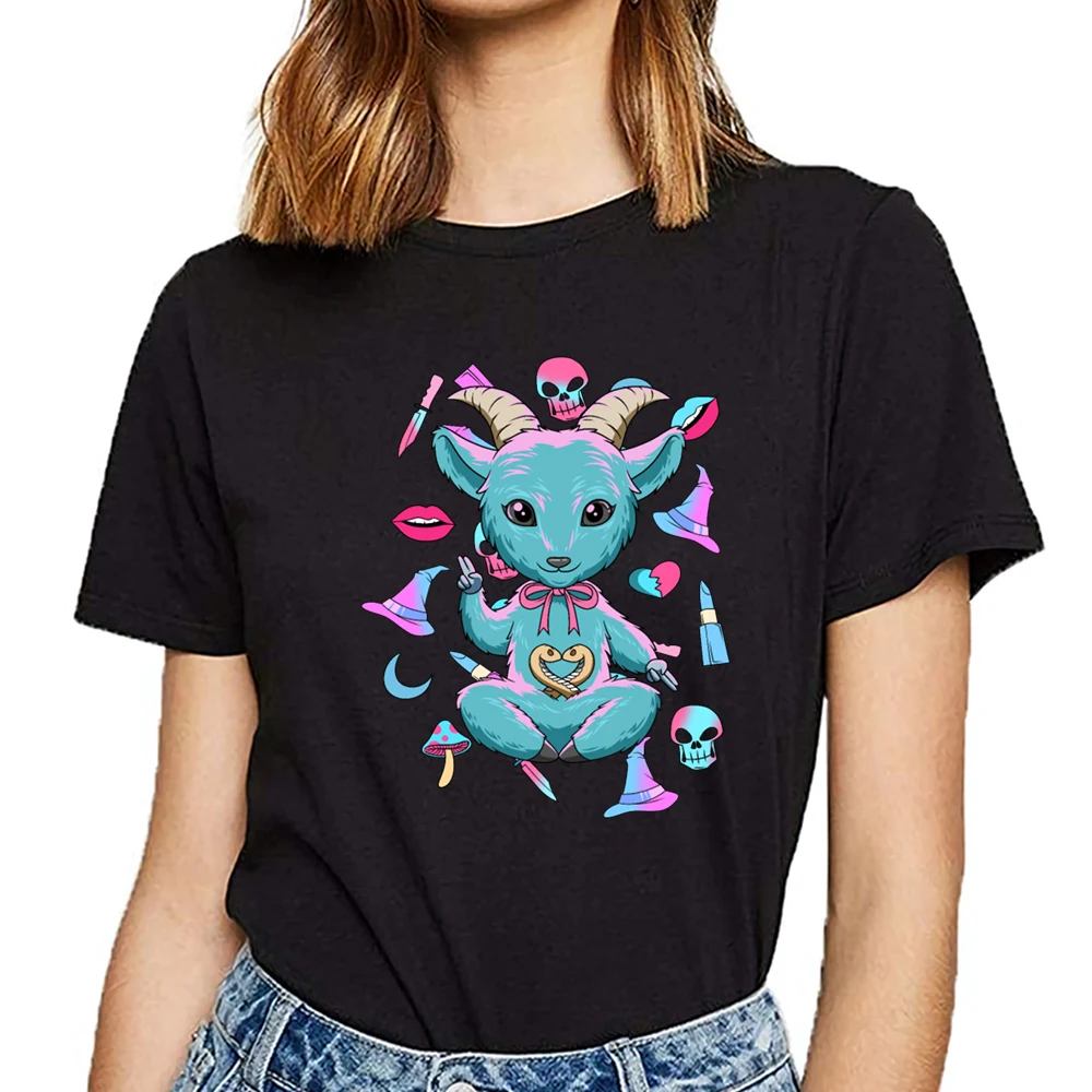 Топы футболка женская детская baphomet kawaii pastel goth nu смешная белая Хлопковая