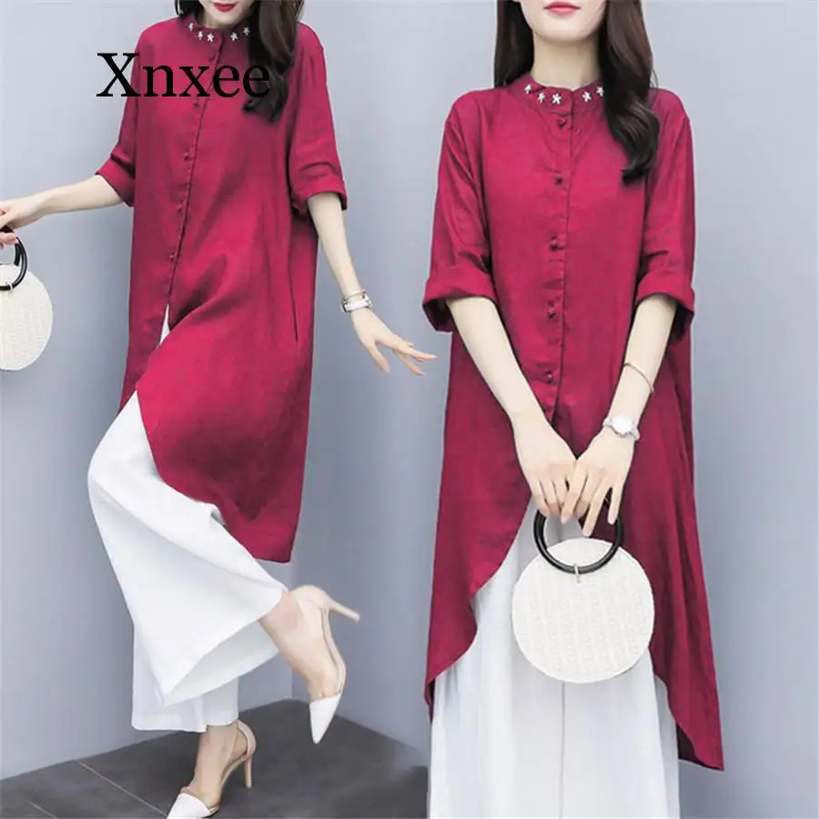 

Spring summer women sets elegant cotton and linen loose long blouse shirts+female wide leg pants trousers two piece sets green