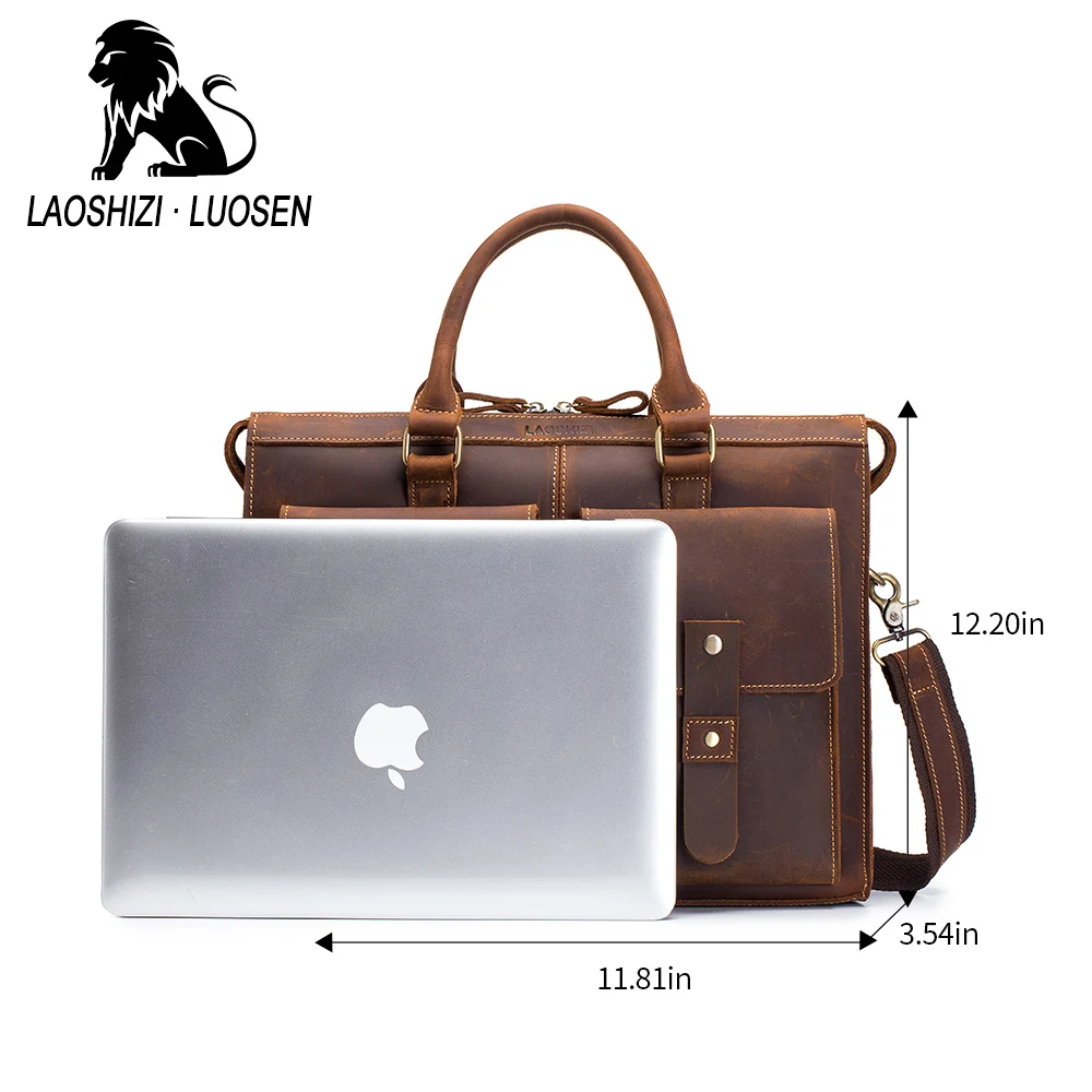 LAOSHIZI Crazy Horse кожаный портфель для мужчин и женщин Высококачественная сумка из натуральной кожи сумка на плечо подходит для ноутбука Коричневый 91508