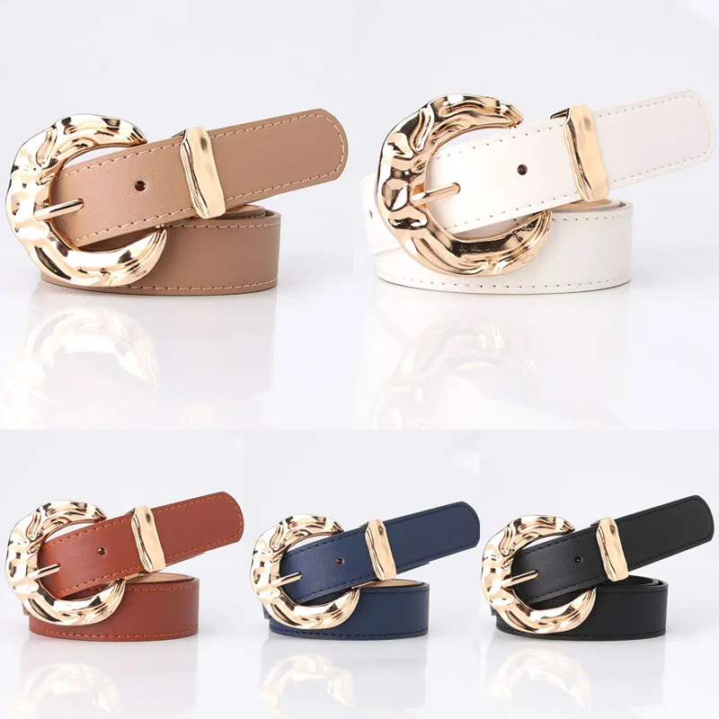 

Модные женские ремни из искусственной кожи в стиле ретро, Классические однотонные женские ремни с золотой круглой пряжкой и металлической ...