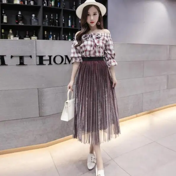 Женские летние плиссированные юбки 2019 сетчатые миди с высокой талией винтажная