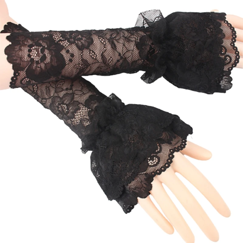

Women Bridal Double Layer Ruffled Fingerless Gloves Floral Lace Wedding Arm Warmer Solid Color Sunscreen Fake Sleeves