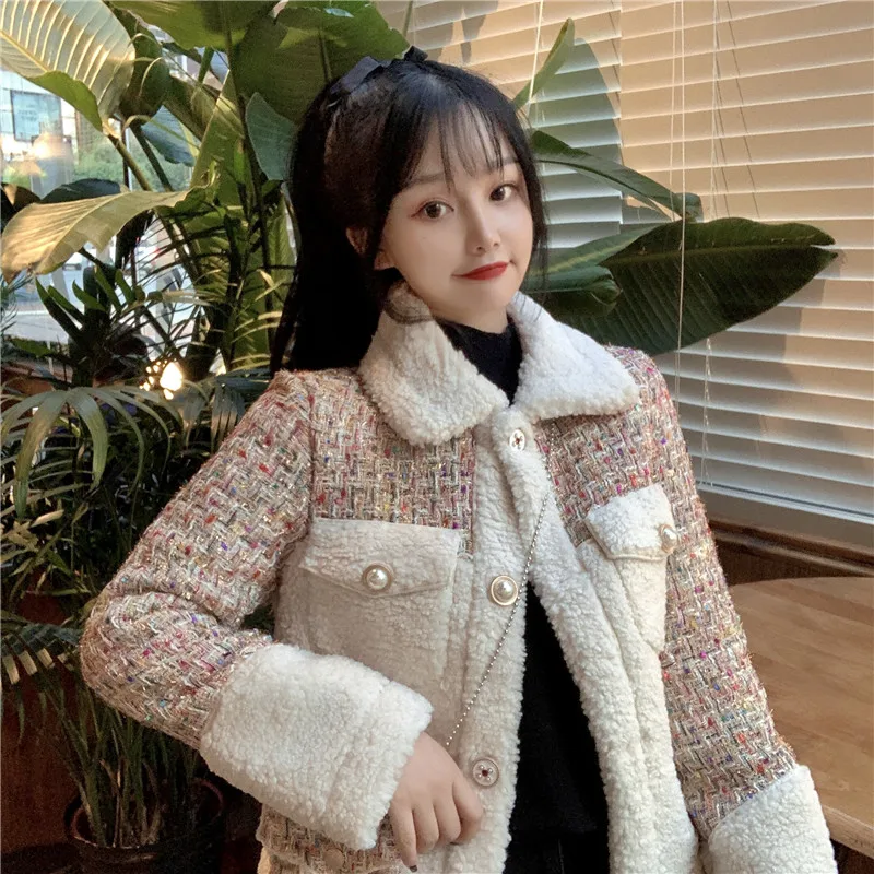 

coat bag set Winter Lambswool Stitching Tweed Short Jacket Female New Lapel Long Sleeve Women Warm Coat Fashion Tide Free Bag