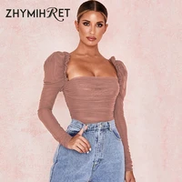 zhymihret lettuce edge square collar mesh bodysuit women puff sleeve backless ruched rompers 2019 autumn sexy body femme