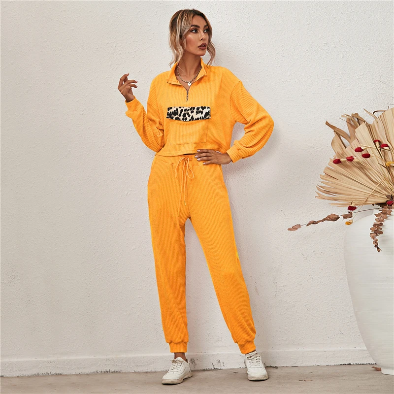 

Leopard Patchwork Tracksuit Women Two Piece Set Autumn Clothes Knitted Zipper Up Pullover Top and Pants Suit Outfits Lounge Wear